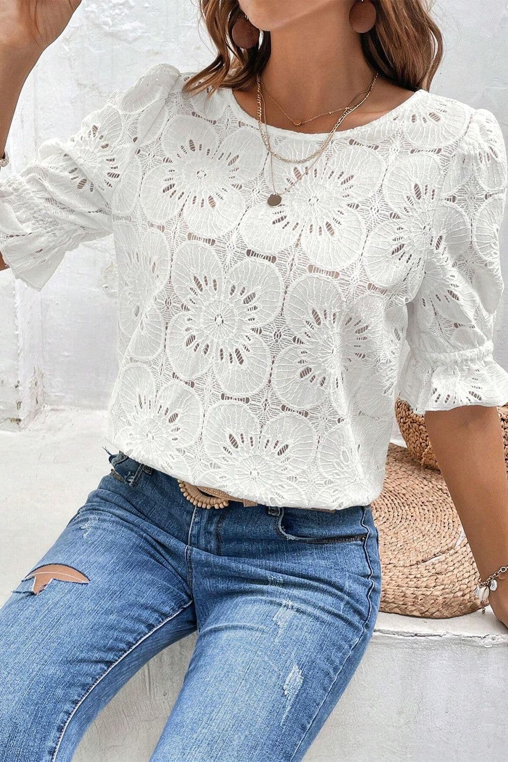 image-White Flower Eyelet Jacquard Keyhole Flounce Sleeve Top