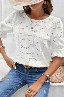 image-White Flower Eyelet Jacquard Keyhole Flounce Sleeve Top