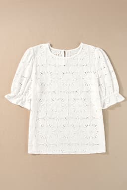 image-White Flower Eyelet Jacquard Keyhole Flounce Sleeve Top