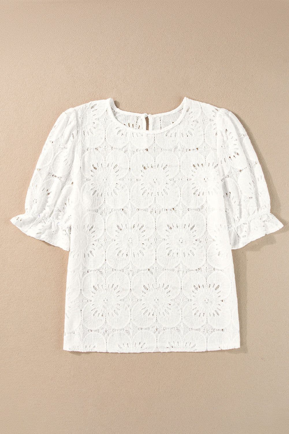 image-White Flower Eyelet Jacquard Keyhole Flounce Sleeve Top