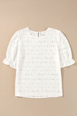 image-White Flower Eyelet Jacquard Keyhole Flounce Sleeve Top