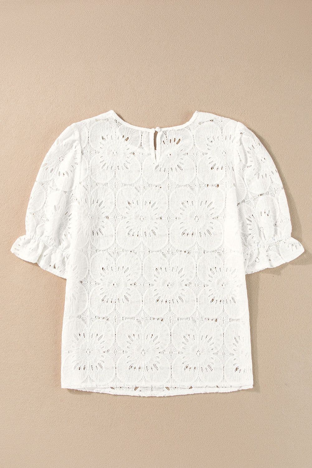 image-White Flower Eyelet Jacquard Keyhole Flounce Sleeve Top