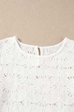 image-White Flower Eyelet Jacquard Keyhole Flounce Sleeve Top