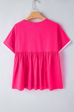 image-Strawberry Pink Geometric Embroidered Tassel Tie V Neck Blouse