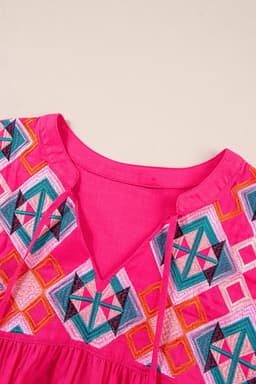 image-Strawberry Pink Geometric Embroidered Tassel Tie V Neck Blouse