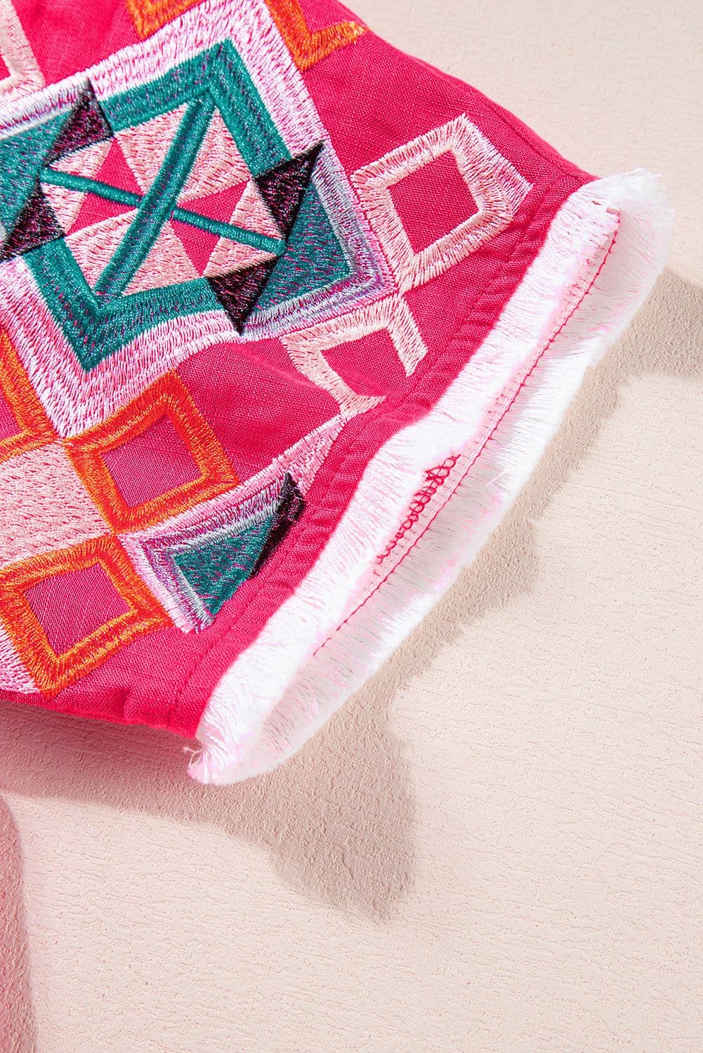 image-Strawberry Pink Geometric Embroidered Tassel Tie V Neck Blouse