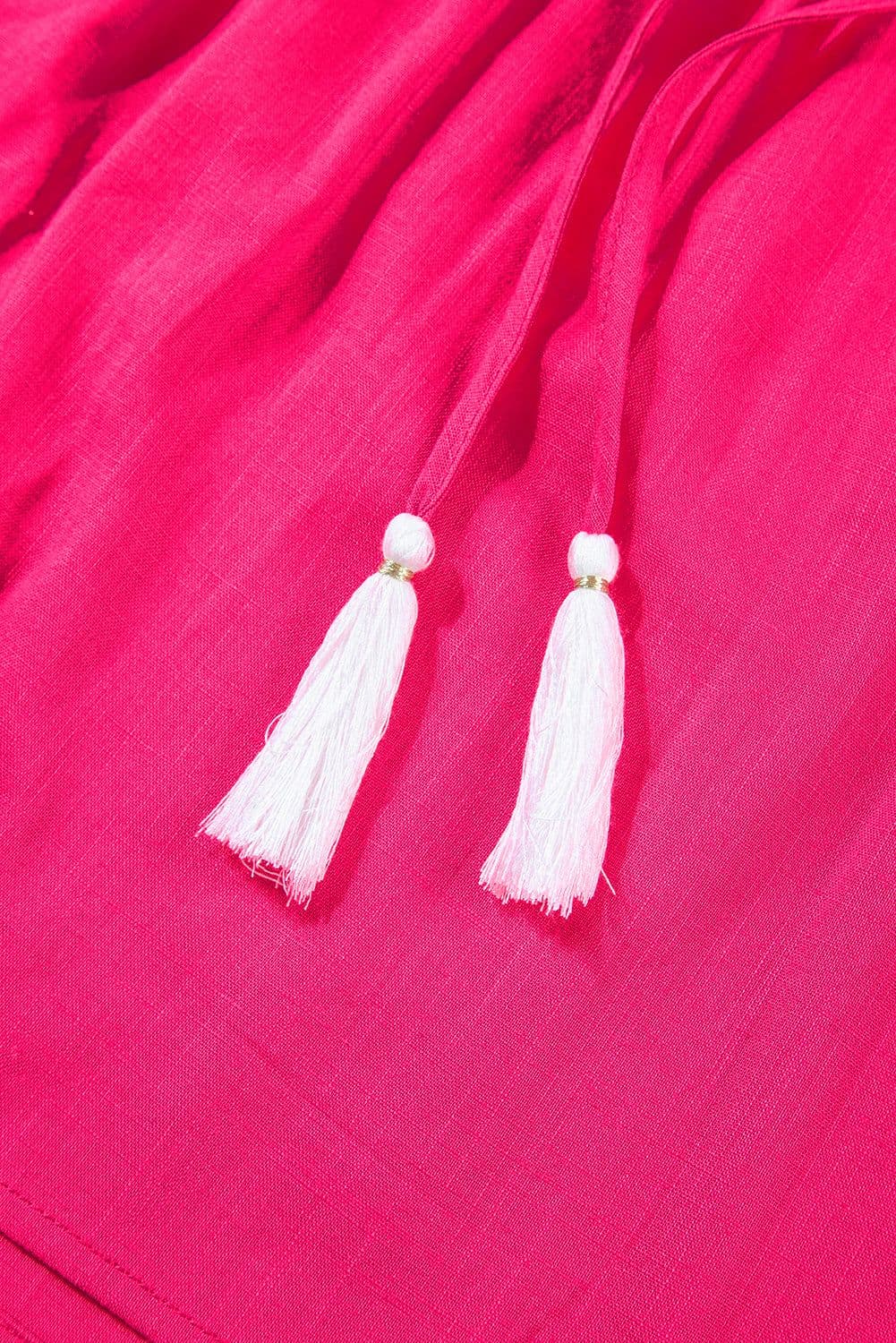image-Strawberry Pink Geometric Embroidered Tassel Tie V Neck Blouse