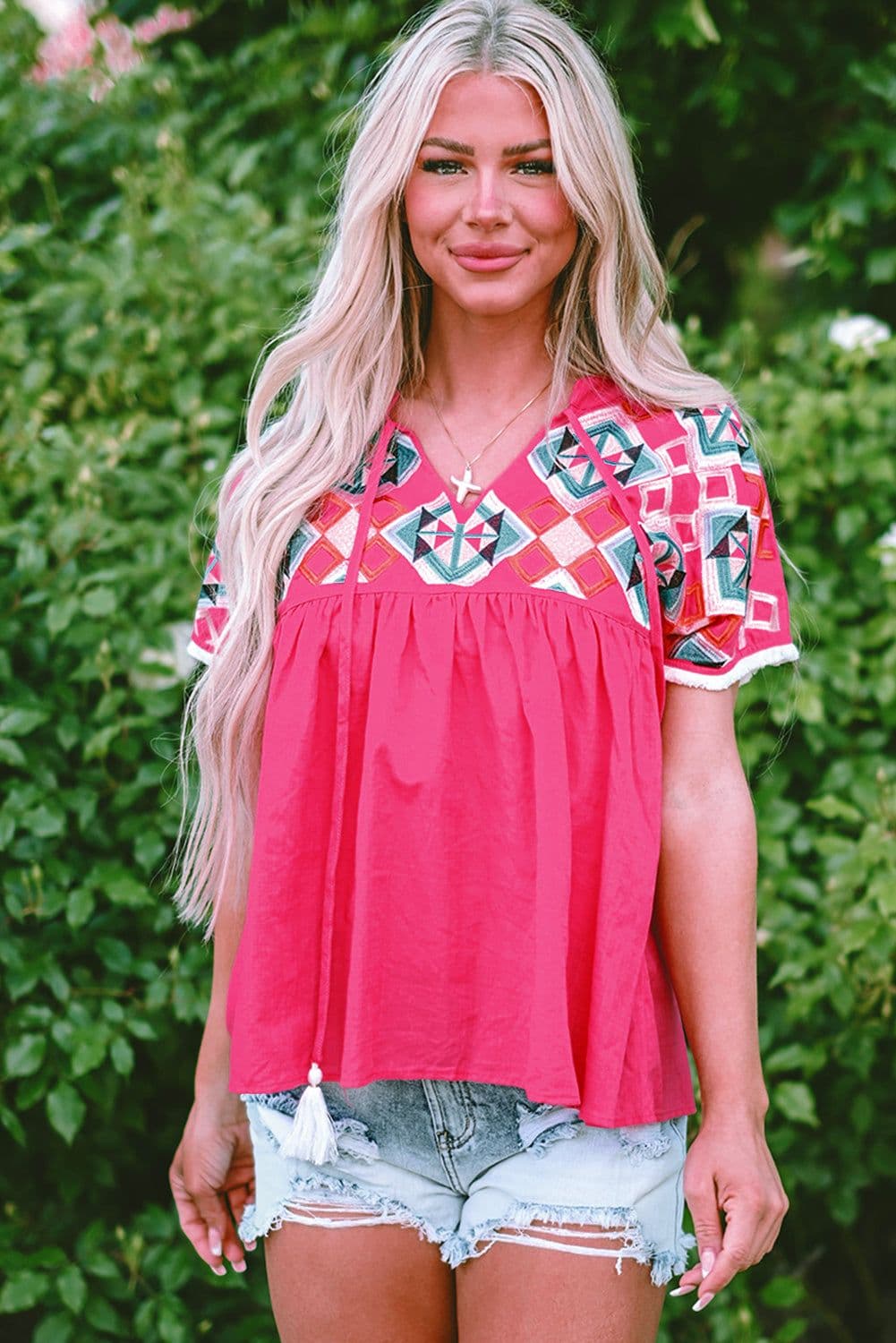 image-Strawberry Pink Geometric Embroidered Tassel Tie V Neck Blouse