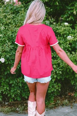 image-Strawberry Pink Geometric Embroidered Tassel Tie V Neck Blouse
