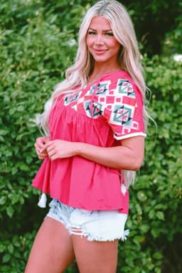 image-Strawberry Pink Geometric Embroidered Tassel Tie V Neck Blouse