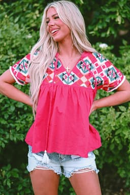 image-Strawberry Pink Geometric Embroidered Tassel Tie V Neck Blouse