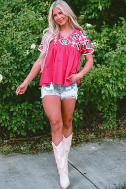 image-Strawberry Pink Geometric Embroidered Tassel Tie V Neck Blouse