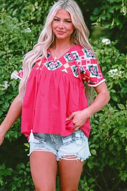 image-Strawberry Pink Geometric Embroidered Tassel Tie V Neck Blouse