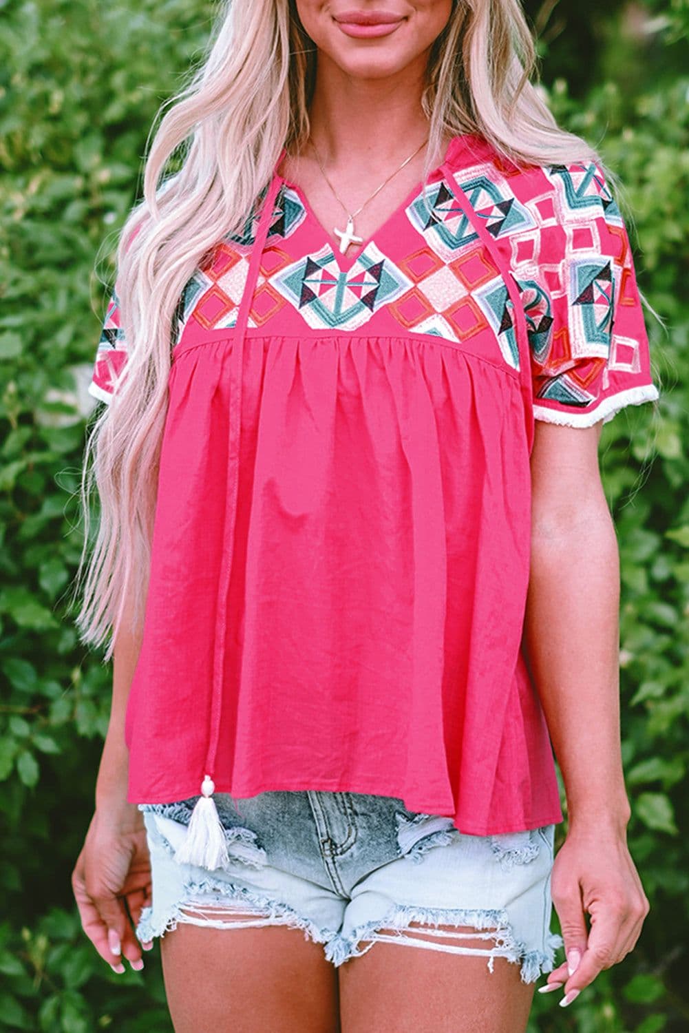 image-Strawberry Pink Geometric Embroidered Tassel Tie V Neck Blouse