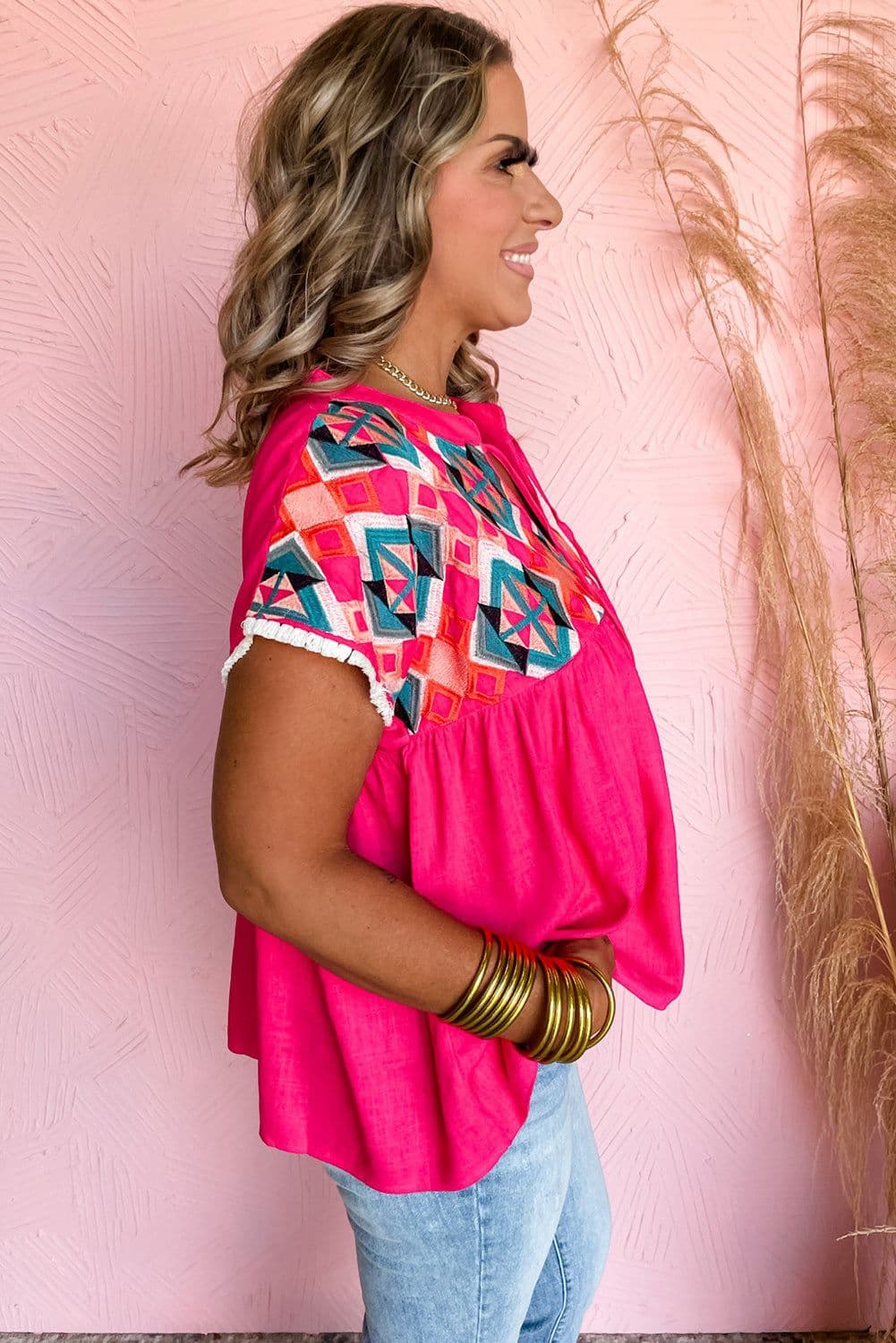 image-Strawberry Pink Geometric Embroidered Tassel Tie V Neck Blouse