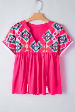 image-Strawberry Pink Geometric Embroidered Tassel Tie V Neck Blouse