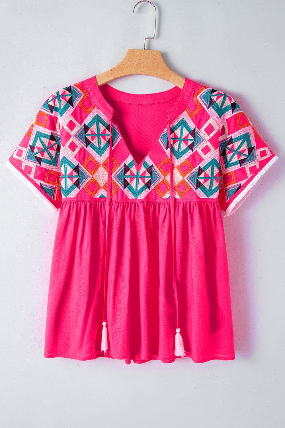 image-Strawberry Pink Geometric Embroidered Tassel Tie V Neck Blouse