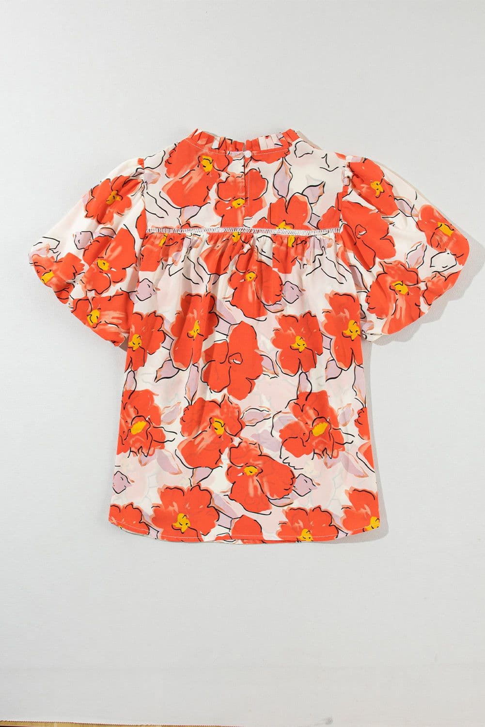 image-Orange Floral Bubble Sleeve Frill Neck Loose Blouse