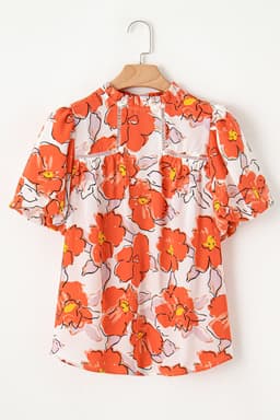 image-Orange Floral Bubble Sleeve Frill Neck Loose Blouse