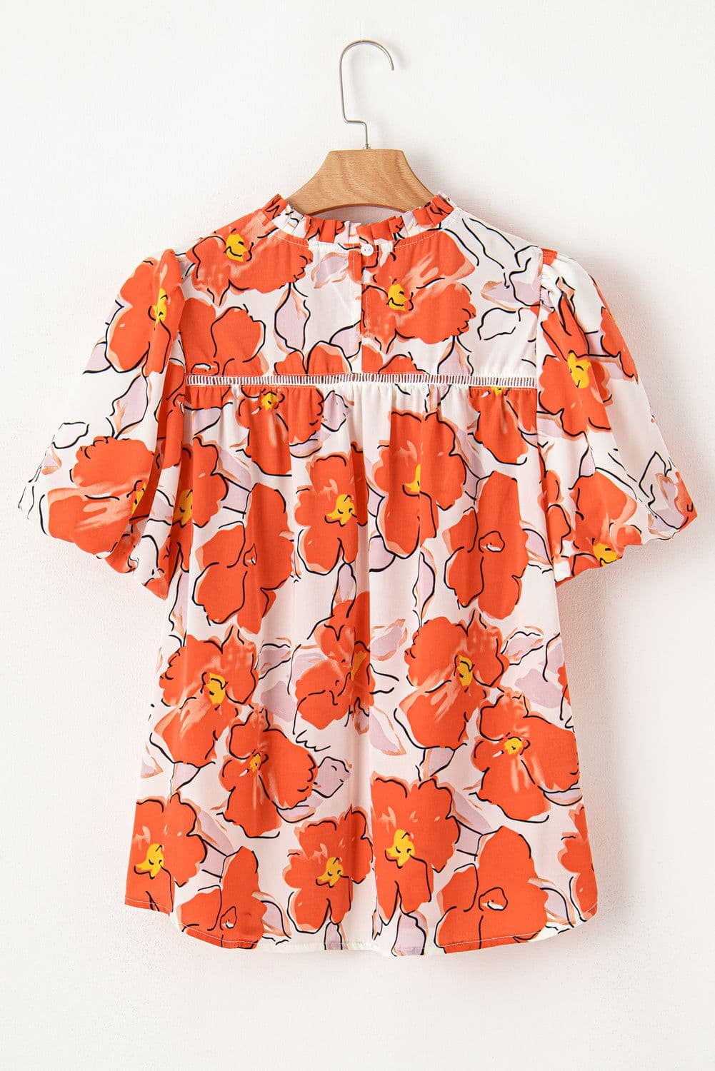 image-Orange Floral Bubble Sleeve Frill Neck Loose Blouse