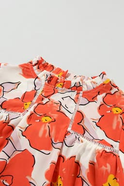 image-Orange Floral Bubble Sleeve Frill Neck Loose Blouse