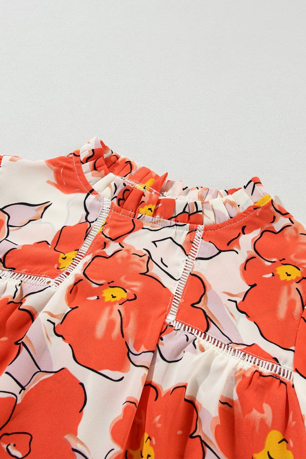 image-Orange Floral Bubble Sleeve Frill Neck Loose Blouse