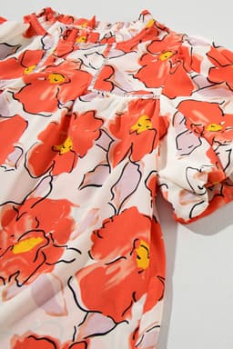 image-Orange Floral Bubble Sleeve Frill Neck Loose Blouse