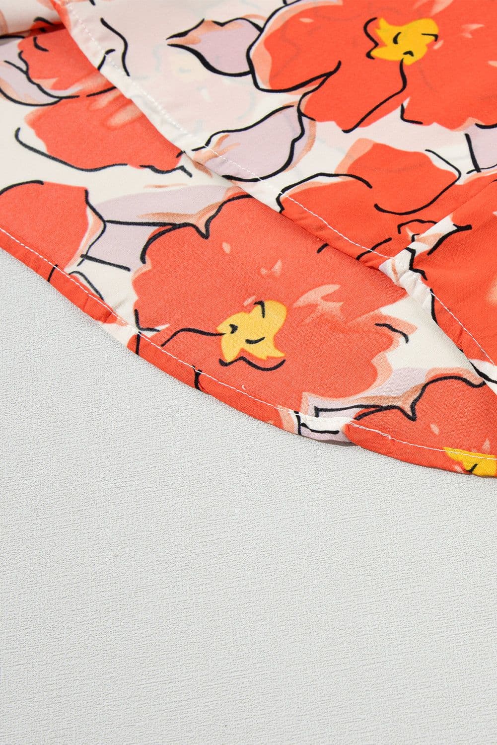 image-Orange Floral Bubble Sleeve Frill Neck Loose Blouse