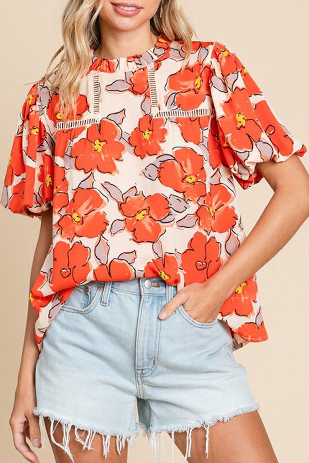 image-Orange Floral Bubble Sleeve Frill Neck Loose Blouse