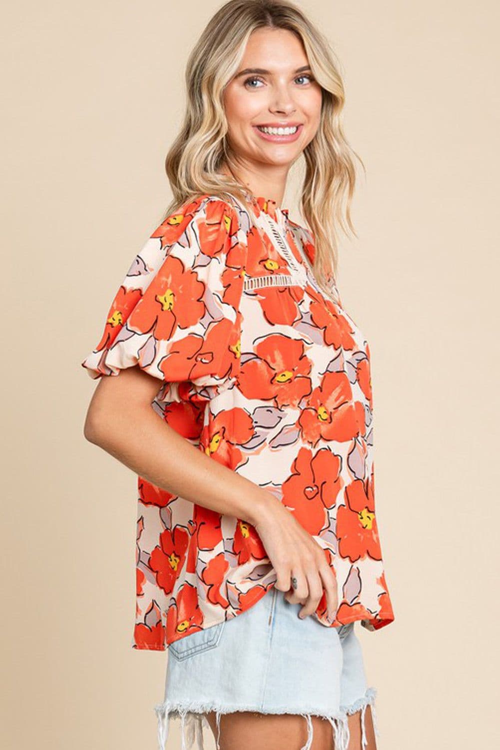 image-Orange Floral Bubble Sleeve Frill Neck Loose Blouse