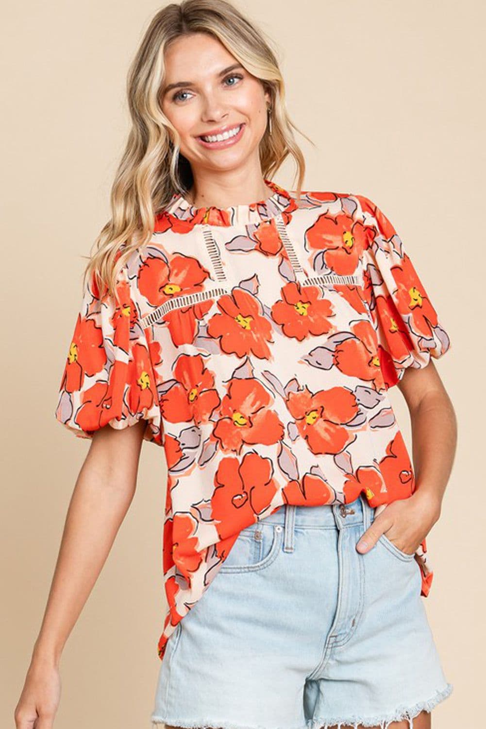 image-Orange Floral Bubble Sleeve Frill Neck Loose Blouse