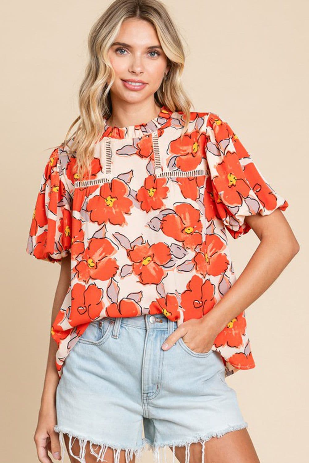 image-Orange Floral Bubble Sleeve Frill Neck Loose Blouse