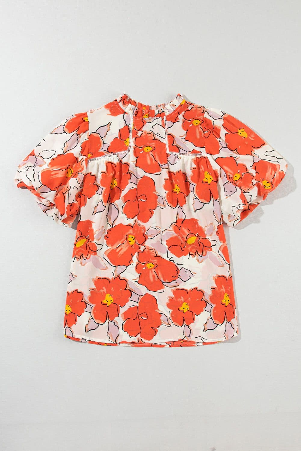 image-Orange Floral Bubble Sleeve Frill Neck Loose Blouse