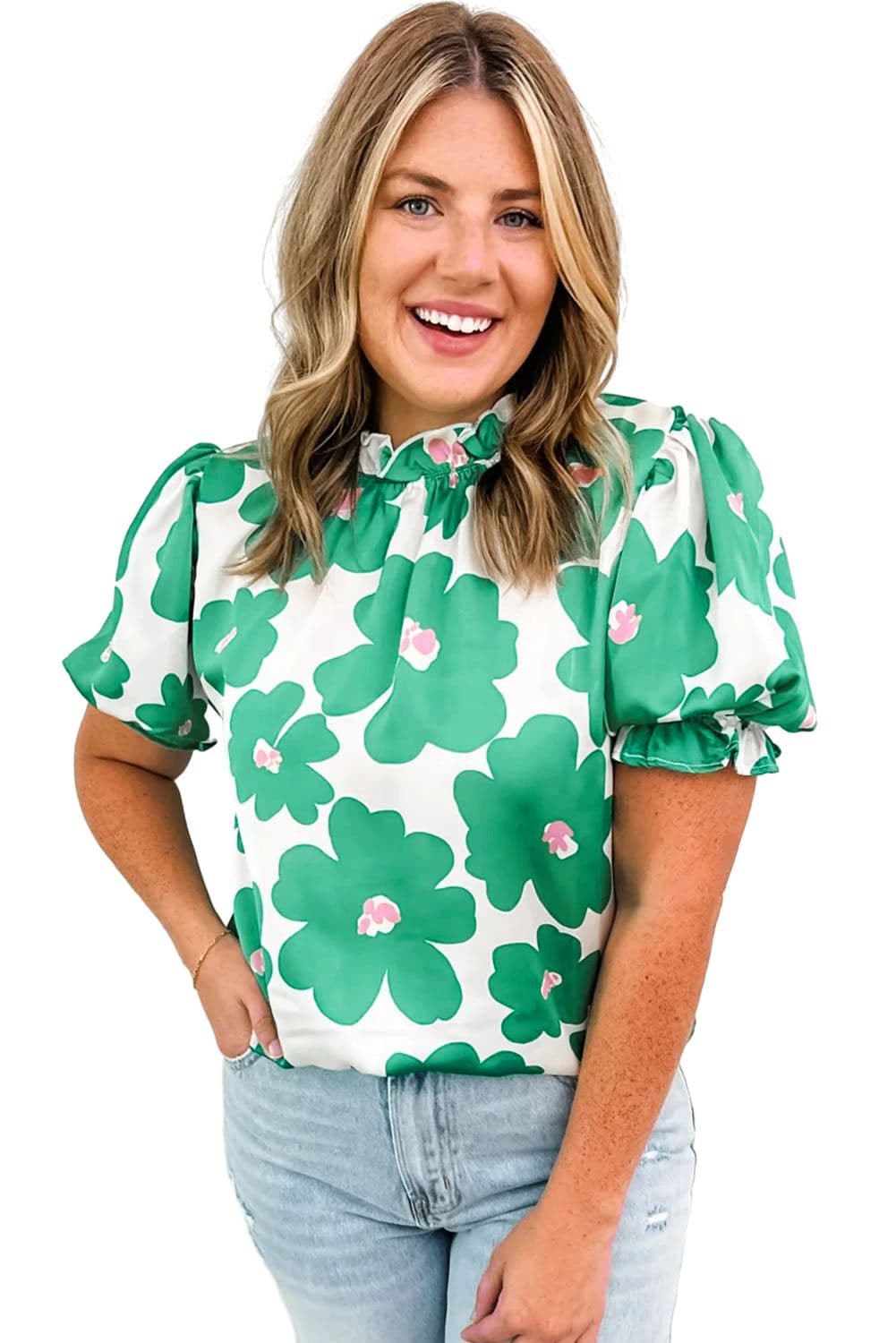 image-Green Floral Puff Sleeve Frill Neckline Blouse