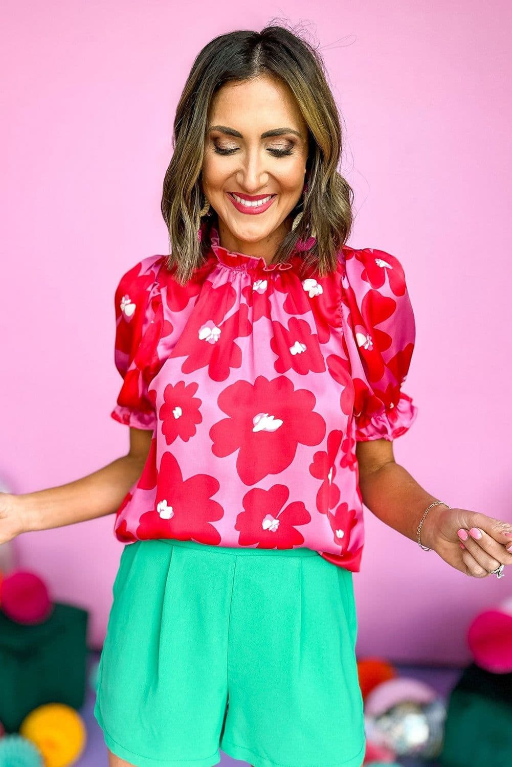 image-Green Floral Puff Sleeve Frill Neckline Blouse