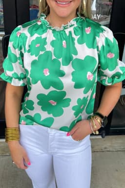 image-Green Floral Puff Sleeve Frill Neckline Blouse
