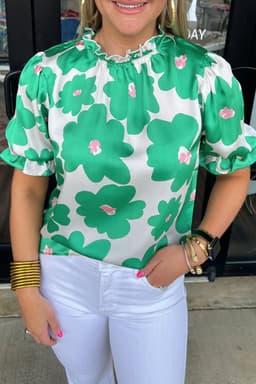 image-Green Floral Puff Sleeve Frill Neckline Blouse