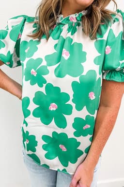 image-Green Floral Puff Sleeve Frill Neckline Blouse