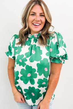 image-Green Floral Puff Sleeve Frill Neckline Blouse
