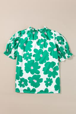 image-Green Floral Puff Sleeve Frill Neckline Blouse