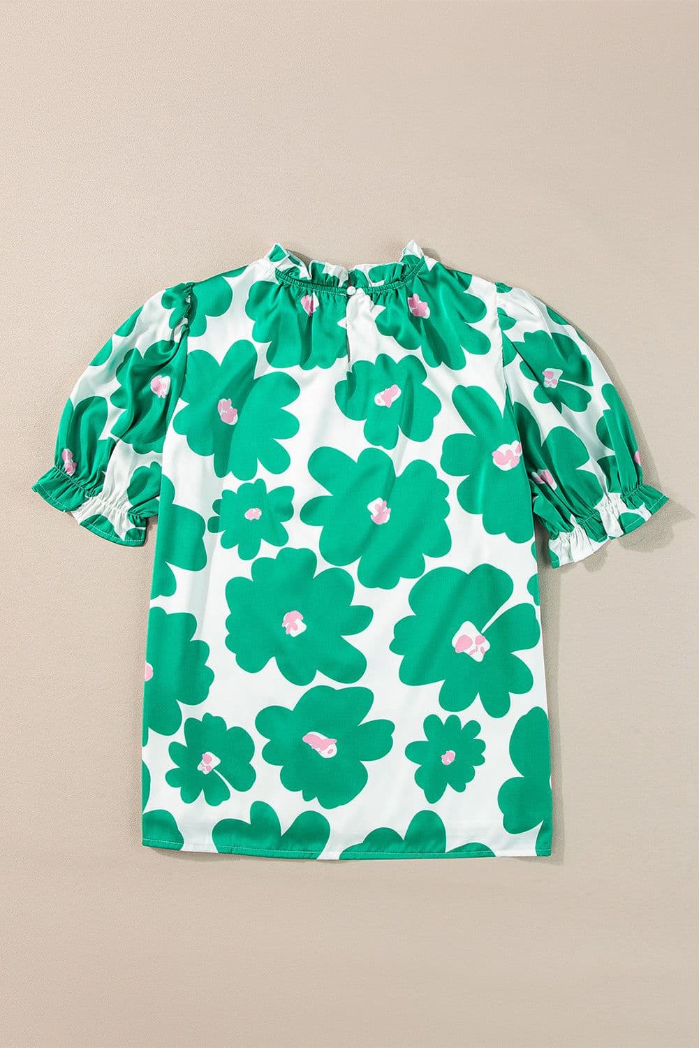 image-Green Floral Puff Sleeve Frill Neckline Blouse