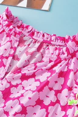 image-Pink Floral Contrast Ric Rac Layered Ruffle Sleeve Blouse