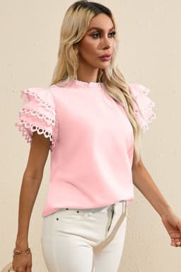 image-Beau Blue Layered Ric Rac Cap Sleeve Filled Neck Blouse