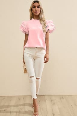 image-Beau Blue Layered Ric Rac Cap Sleeve Filled Neck Blouse