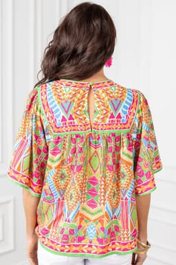 image-Orange Geometric Print Bell Sleeve O Neck Babydoll Blouse