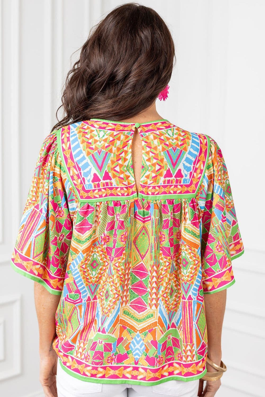 image-Orange Geometric Print Bell Sleeve O Neck Babydoll Blouse