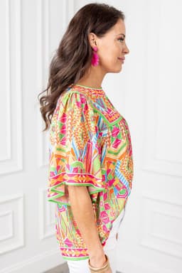 image-Orange Geometric Print Bell Sleeve O Neck Babydoll Blouse