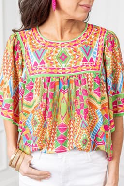 image-Orange Geometric Print Bell Sleeve O Neck Babydoll Blouse