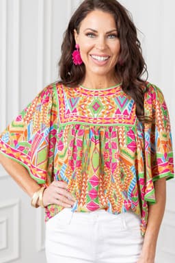 image-Orange Geometric Print Bell Sleeve O Neck Babydoll Blouse