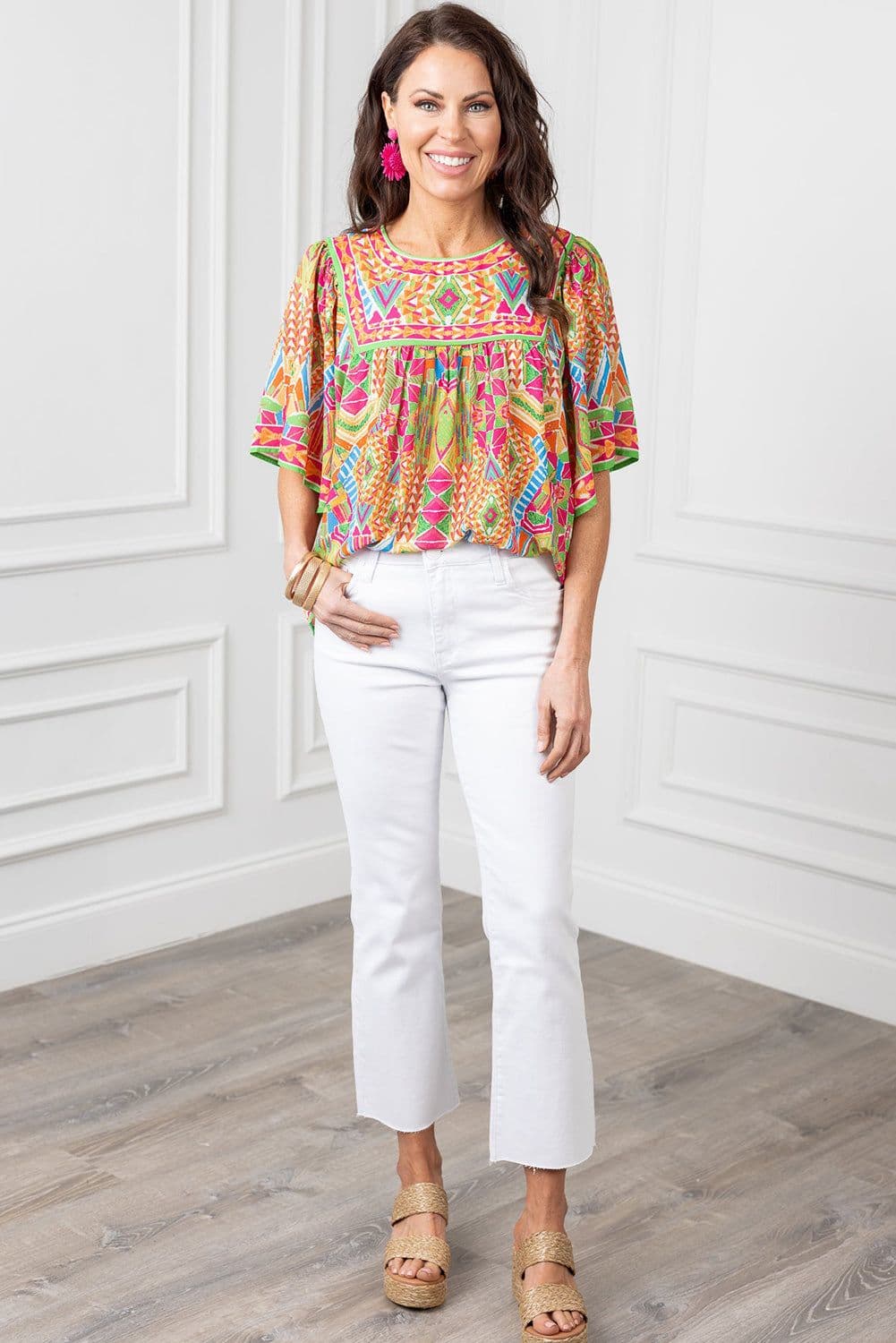 image-Orange Geometric Print Bell Sleeve O Neck Babydoll Blouse
